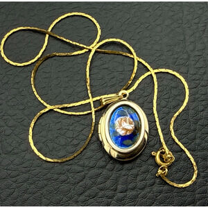 Photo Locket Necklace Painted Pink Rose Blue Oval Pendant Gold Tone 17" Chain